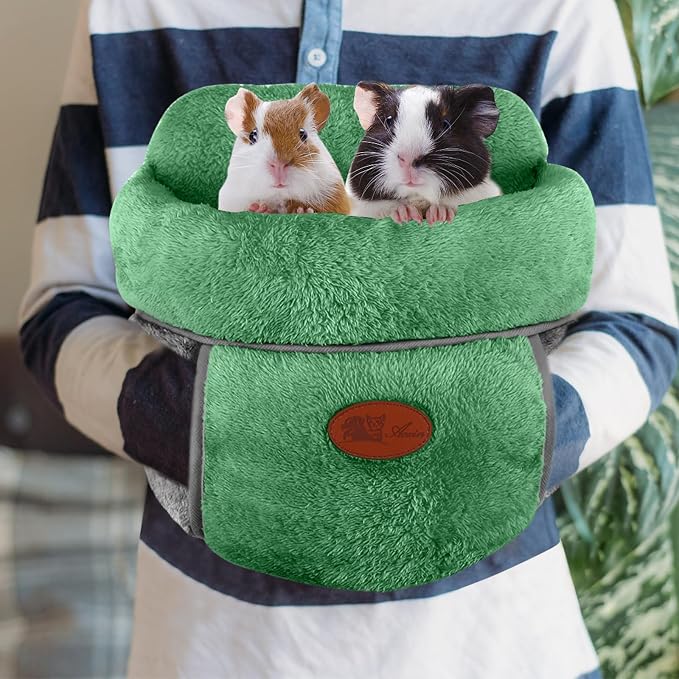 YUEPET Guinea Pig Bed Cuddle Cave, Warm Fleece Hideout, Green | Cozy Guinea Pig House, Portable Guinea Pig Hideout, Soft Coral Fleece, Washable Cushion, Folds Flat