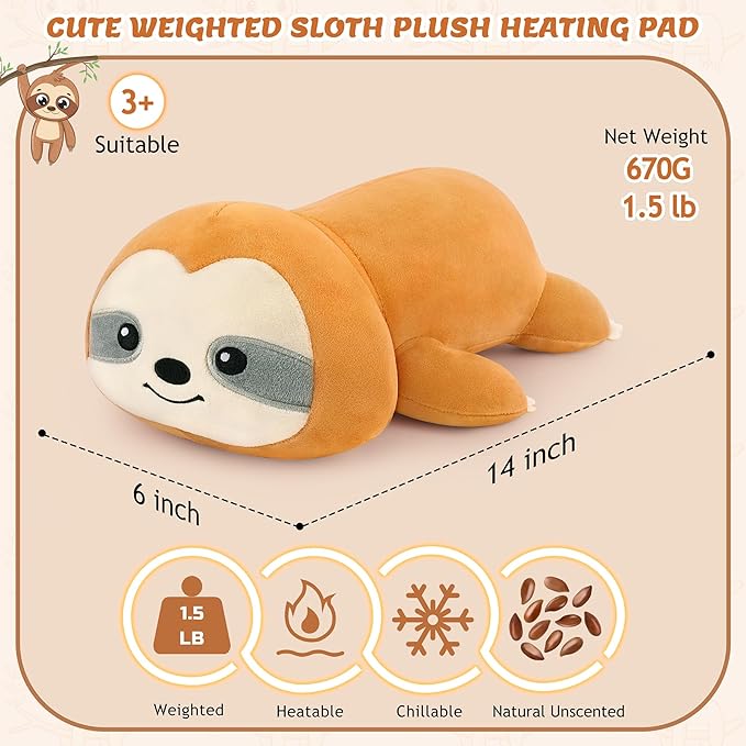 1.5lb Sloth Stuffed Animals Microwavable Heating Pad-Cuddly Sloth Heating Pads for Cramps &Period Pain Relief for Women,Heatable & Coolable Stuffed Animals Bedtime Birthday Gift for Women Kids