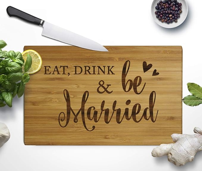 Andaz Press Laser Engraved Small Bamboo Wood Cutting Board, 9.5 x 6-inch, Eat Drink and Be Married, 1-Pack