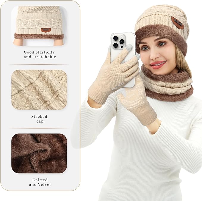 MAYLISACC Winter Knit Beanie Hat Neck Warmer Scarf and Touch Screen Gloves Set 3 Pcs Fleece Lined Skull Cap for Men Women