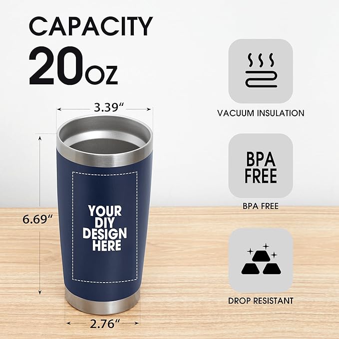 Personalized Custom Tumbler Print in USA 96 Pcs 20oz Stainless Steel Coffee Cup with Lid & Straw Double Wall Insulated Tumbler with Colorful Text Logo Photo
