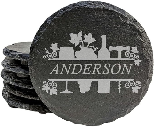 Cheers to Life: Personalized Slate Coasters with Wine Design - Round Slate - Set of 6