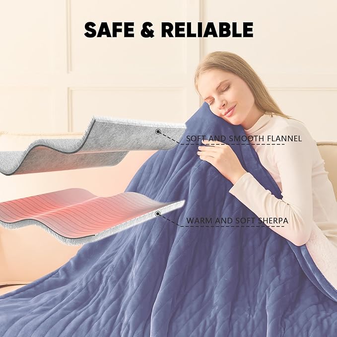 greenoak Heated Blanket Electric King Size 100"X90" Dual Control, Heating Blanket with 10 Heat Levels 1/2/4/6/8 Hours Auto-Off, Sherpa Soft Warm Christmas Blanket, Sea Blue