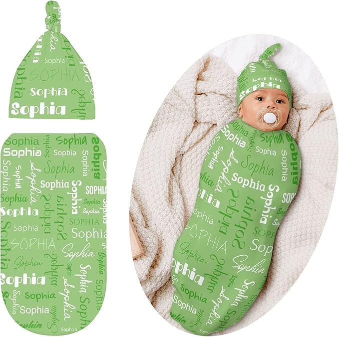 Personalized Baby Swaddle Blanket for Boys Girls Name Lettering Green Custom Name Receiving Blanket with Cap for Newborn Girls and Boys Soft Sleeping Sack