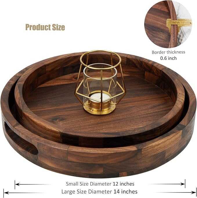 Set of 2 Large Round Black Walnut Wood Ottoman Tray with Handles, Serve Tea, Coffee, Classic Wooden Circular Decorative Serving Tray, 14 &12 inches