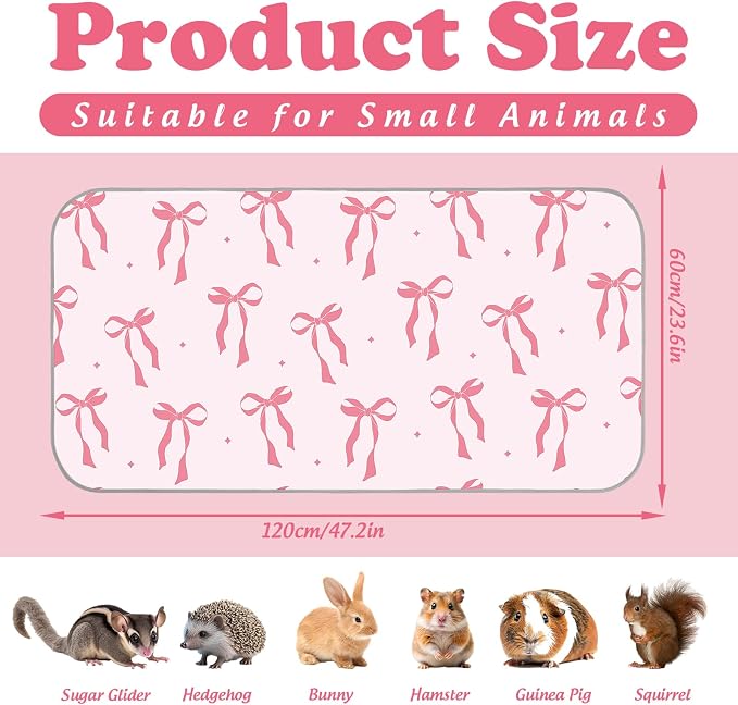 JarThenaAMCS 3 Packs Guinea Pig Pee Pads 24" x 47" Reusable Guinea Pig Pee Mat Pink Bow Washable Small Animal Cage Liner for Rabbit Hamster Chinchilla Ferret Rat
