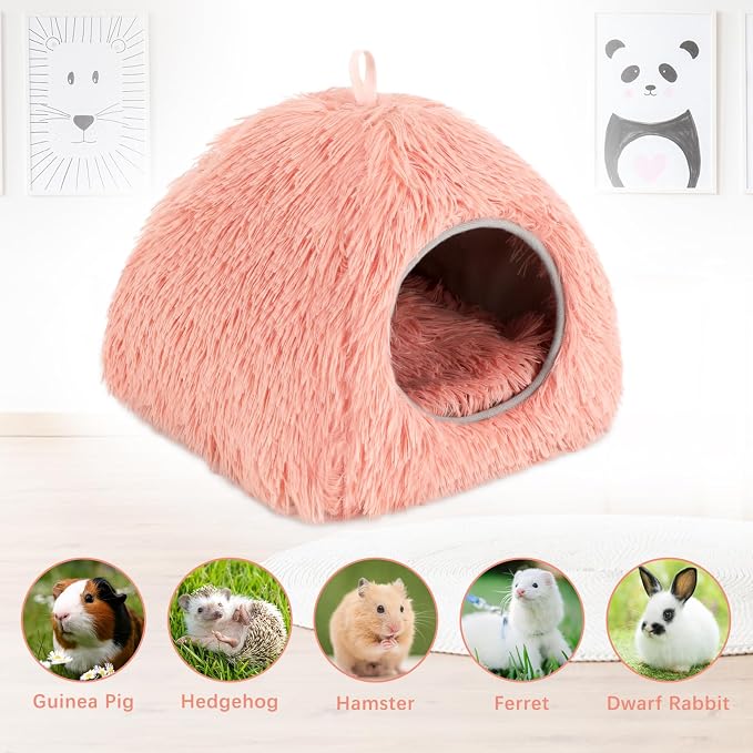 YUEPET Guinea Pig Bed Cave,Warm Bunny Hideout,Pink | Warm Guinea Pig House, Long Plush Fabric, Washable Removable Pad, Non-Slip Base, for Ferrets Hamsters Hedgehogs Dwarf Rabbits
