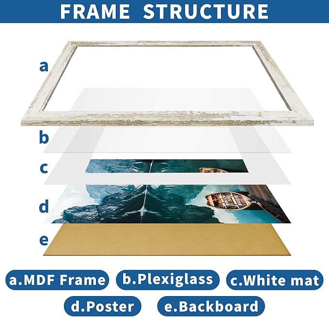 A3 Frame Set of 2, Distressed White Wood Style - Display Pictures A4 with Mat or 11.7x16.5 without Mat, Wall Mounting Horizontal and Vertical