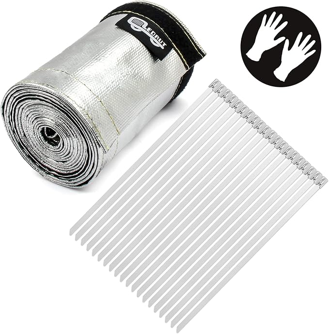 Heat Shroud Sleeve Aluminized 2 Pcs for Ultimate Heat Protection Hose Wire Shield 1-1/2''I.D. x 10FT, with 20 Pcs 7.8Inch Stainless Steel Cable Metal Zip Ties