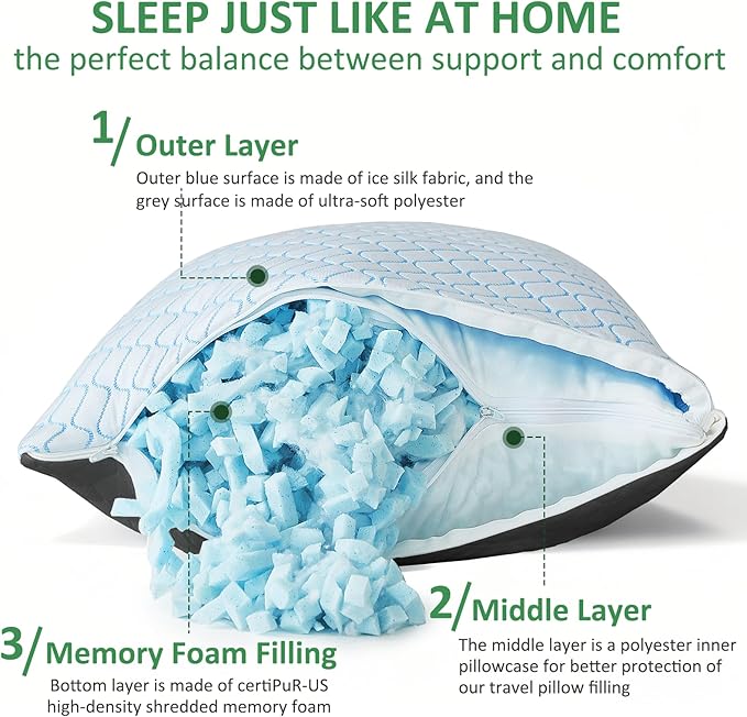 Gehannah Travel Pillow - Compressible Camping Pillow for Sleeping, Shredded Memory Foam Pillow with Storage Bag Compact Supportive (Grey, Large(2 Pack))