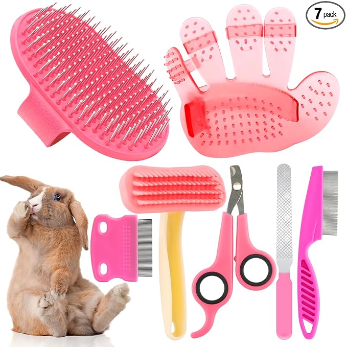 Rabbit Grooming Kit, Rabbit Brush for Shedding with Bunny Nail Clipper, Rabbit Nail Trimmers with Pet Combs for Hamster Guinea Pig Ferret by KALAMANDA(Pink)