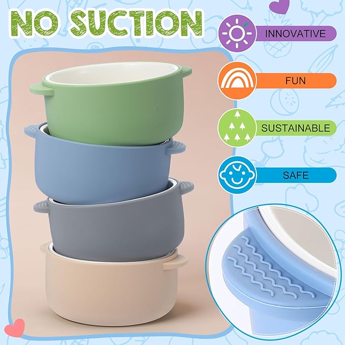 Domensi 4 Sets Kids Porcelain Bowls with Removable Silicone Sleeve 2-in-1 Porcelain Toddler Bowls Microwave Dishwasher Safe Cereal Snack Soup Dishes for Baby Children Feeding Supplies (Morandi Colors)