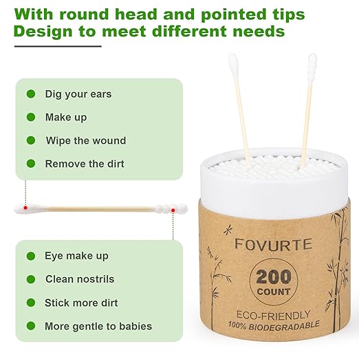 Bamboo Cotton Swabs 400 Count - Spiral&Round Double qTips Cotton Swabs, Organic Wooden Cotton Buds for Ears, Natural Bamboo Ear Sticks Q Tips for Cleaning, Makeup, Travel