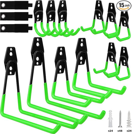 Garage Tool Storage Wall Hook Assortment Set: 15PCS Heavy Duty Large Hanger Garden Tool Organizer Ladder Bike Rack Yard Tool Holder Shed Shovel Metal Screw Organization Bicycle Steel Bracket, Green