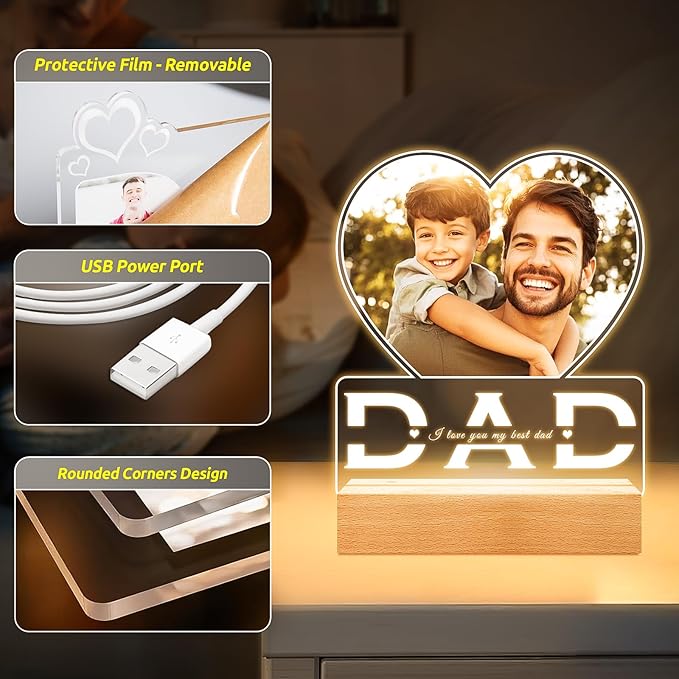 Personalized Dad Gifts for Dad from Daughter Son, Custom Picture Frames with Photo, Customized Photo Frame with Night Light, Personalized Christmas Birthday Gifts for Dad Baby Kid Family