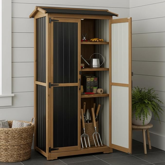 Ketive Outdoor Storage Cabinet, Wood & Metal Garden Cabinet with 3 Adjustable Shelf, Weather-Resistant Roof, Lockable Doors & Adjustable Feet for Patio, Garden, Farm (33" L x 21" W x 69" H)