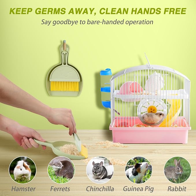 RYPET Mini Dustpan and Brush Set, Small Pet Cage Cleaner(Green) | Bunny Litter Box Brush, Fits Cage Corners, Hanging Hole Storage, Durable not Leak Ash