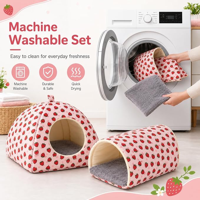 Guinea Pig Hideout Tunnel Set, 2 Pack Washable Small Animal Bed with Removable Cushion, Hamster Hideout Play Tunnel Toys for Guinea Pigs, Hamsters, Hedgehogs, Ferrets, Pink Strawberry