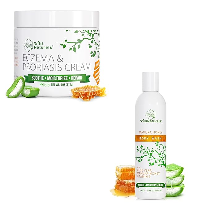 Wild Naturals Eczema & Psoriasis Cream for Dry, Itchy Skin + Manuka Honey Eczema and Psoriasis Body Wash – Organic, Natural Body Wash with Aloe Vera, Cehami, and Manuka Honey