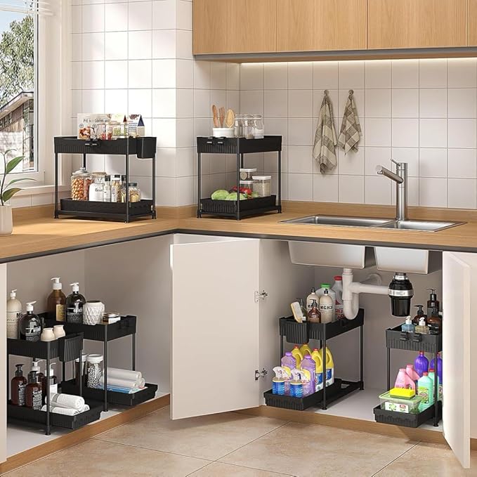 3 Pack Under Sink Organizers,2-Tier Multi-Use Kitchen and Bathroom Organizers and Storage with Sliding Drawers,Bathroom Cabinet Organizer (Black,12.8 Inch)