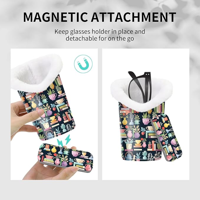 Plush Lined Eyeglasses Holder, Cute Magnetic PU Leather Glasses Stand Case for Women Men Kids