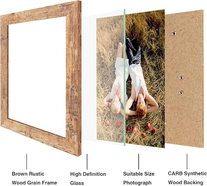 iRahmen 8x10 Picture Frame Set of 4, High Definition Real Glass Rustic Brown Frame, 8 x 10 Wood Photo Frames for Desktop Display and Wall Mounting