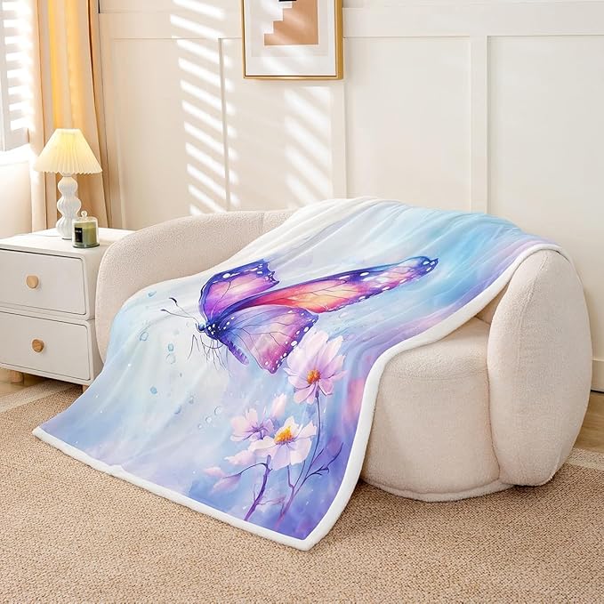 Feelyou Blue Butterfly Fleece Throw Blanket Queen 90"x90" Kids Girls Sherpa Blanket Plush Fuzzy for Bed Couch Chair Living Room, Floral Flower Bed Blanket Cute Watercolor Room Decor