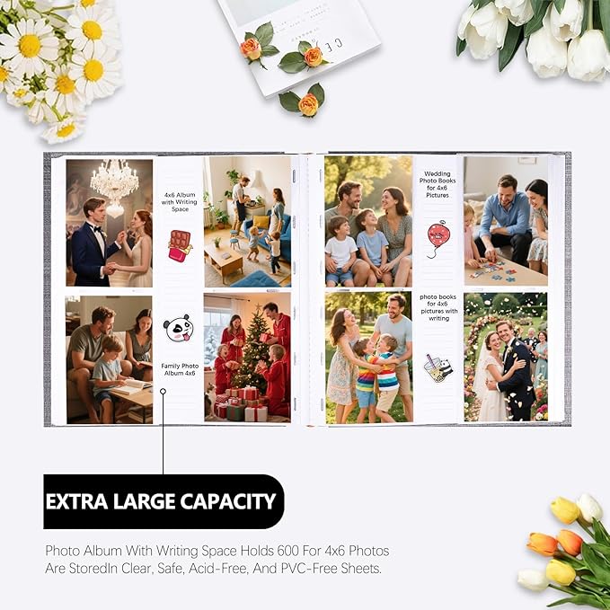 Photo Album 4x6 600 Photos with Writing Space Linen Cover with Front Window Picture Album, 600 Photos 4x6 Photo Album Book for Wedding Kids Travel Family Baby Pictures (Grey)