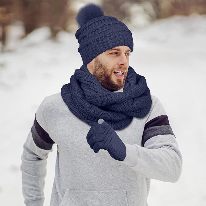 Aneco Womens Winter Warm Sets Knitted Fur Pompoms Beanie Hat Circle Loop Scarf Touch Screen Gloves Winter Favor Accessories