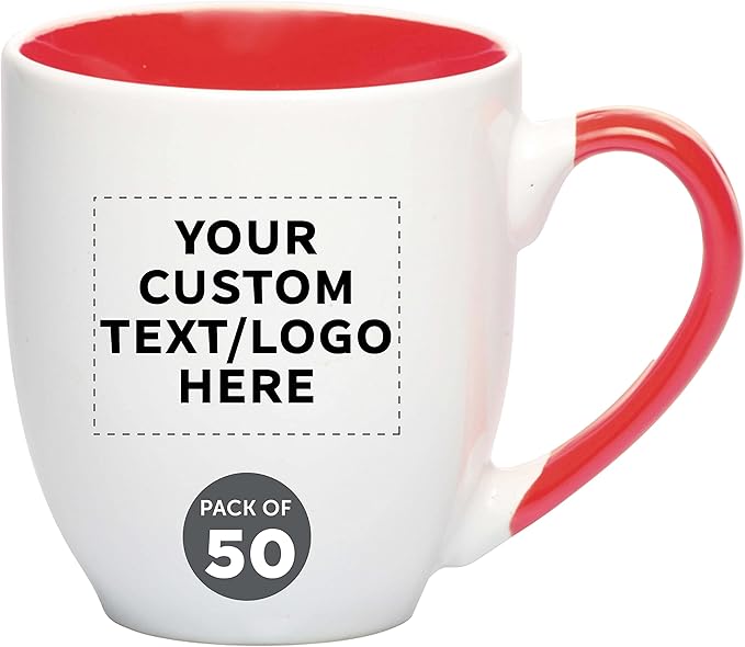 Custom Bistro Style Large Coffee Mugs 16 oz. Set of 50, Personalized Bulk Pack - Perfect for Coffee, Tea, Espresso, Hot Cocoa, Other Beverages - Red