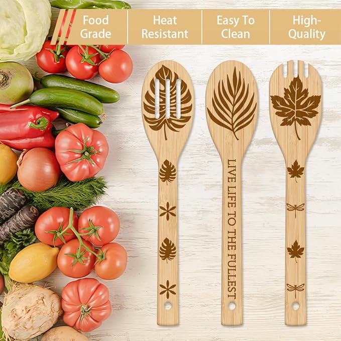 GLOBLELAND 6Pcs Leaves Bamboo Cooking Utensils Wooden Monstera Ginkgo Maple Engraved Cooking Spoons Spatula for Women and Men Wood Cooking Spoon for Kitchen House Warming Gift