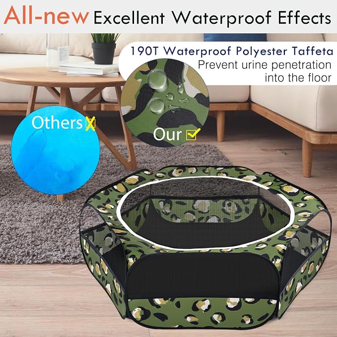 Pawaboo Small Animal Playpen with Zippered Cover, Leopard Print | Portable pop-up pet tent for supervised rabbits, guinea pigs, chicks and kittens; water-resistant bottom and 3 metal rods