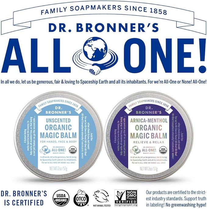Dr. Bronner's - Organic Magic Balm (2 oz Variety Pack) Arnica-Menthol & Baby Unscented - Made with Organic Beeswax & Hemp Oil, Moisturizes and Soothes Hands, Face & Body | 2 Count