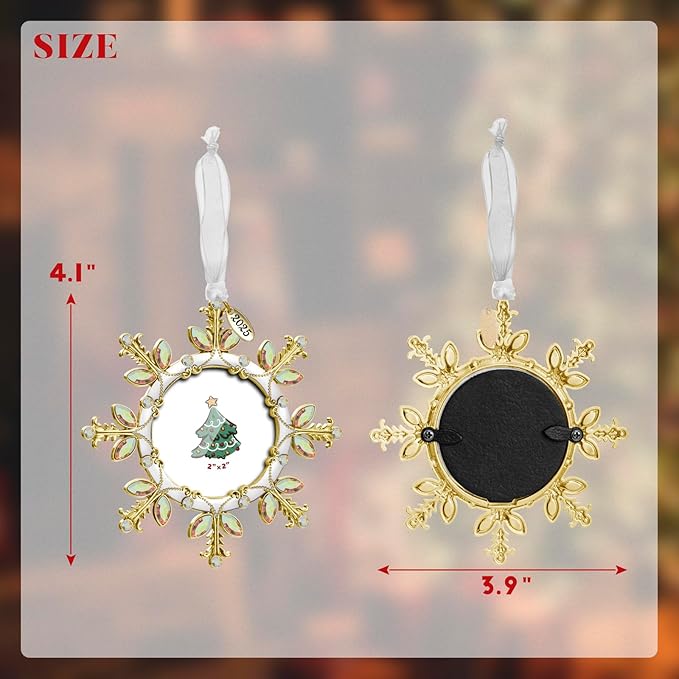 2025 Christmas Tree Ornament Snowflake Picture Frame Metal Hanging Pendant Holiday 2" Photo Frame Charm Decorative of Pets, Baby First Christmas, Family (Golden)