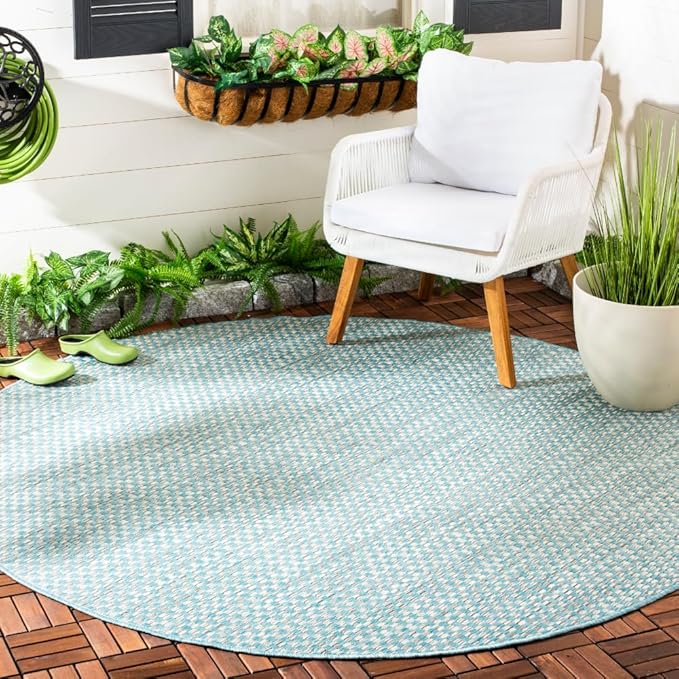 SAFAVIEH Washable Rug Outdoor Courtyard Collection - 6'7" Round, Light Blue & Light Grey, Non-Shedding & Easy Cleaning, Ideal for Patio, Backyard, Mudroom (CY8653-37121)