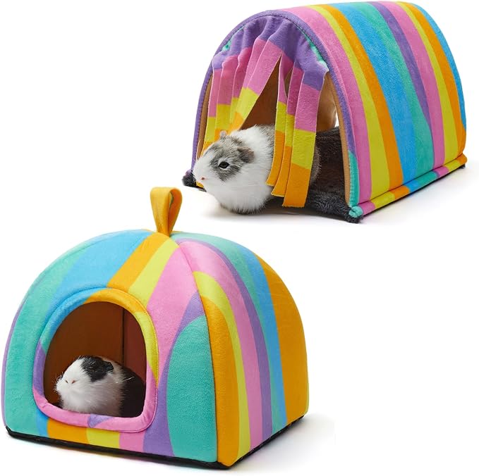 Guinea Pig Hideout Soft Large Bed Tunnel with Door Curtain 2 Pack Guinea Pig Toys Set Bunny Bed Cage Accessories for Small Animals (Rainbow)