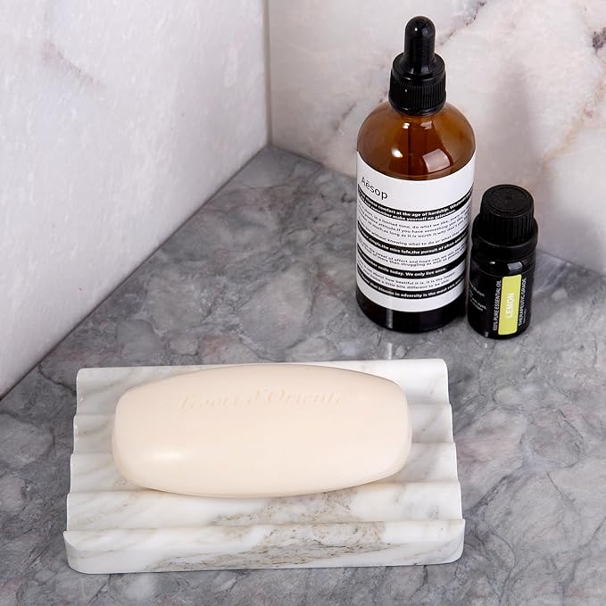 2PCS Koville Italian Natural Marble Soap Dish for Shower, Multi-Color Stone Soap Tray for Bathroom, Bar Soap Holder for Sink, Stripe Grooves Soap Saver Sponge Holder (White/Brown Random)