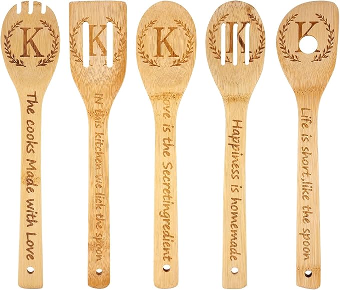 5PCS Initial Wooden Cooking Spoons Initial Letter Kitchen Decor Gifts Personalized Monogrammed Birthday Gifts for Women Mom Friend Housewarming Wedding Bamboo Cooking Spoons