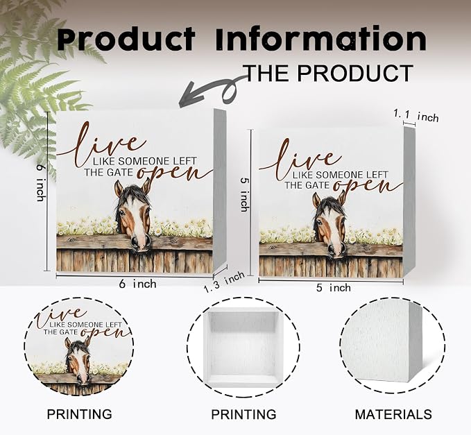 Horse Decor Sign, Farm House Cottagecore Animal Wooden Signs, Rustic Farmhouse Animal Live Like Someone Left The Gate Open Wood Sign Home Decor, Horse Gifts For Women 6x6