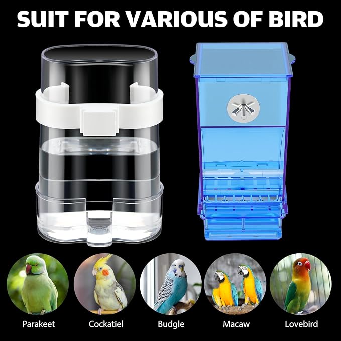 Yaomiao 4 Pcs No Mess Small Bird Feeders Automatic Parakeet Water Dispenser Clear Quail Feeder and Watered Cage Accessories for Small and Medium Parakeet Cockatiel Canary(Assorted,Blue)