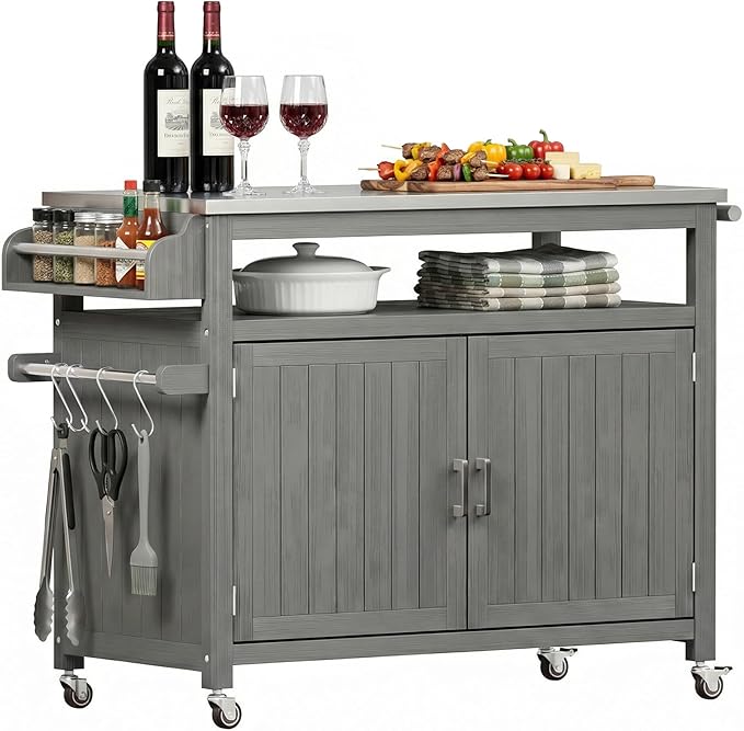 FUQARHY 43.3-Inch Outdoor Kitchen Island with Storage Cabinet and Stainless Steel Top, Solid Wood Prep Station Grill Table with Lockable Wheels for Patio, Backyard, Party (Gray)