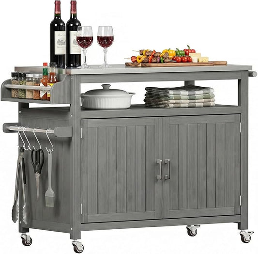 FUQARHY 43.3-Inch Outdoor Kitchen Island with Storage Cabinet and Stainless Steel Top, Solid Wood Prep Station Grill Table with Lockable Wheels for Patio, Backyard, Party (Gray)
