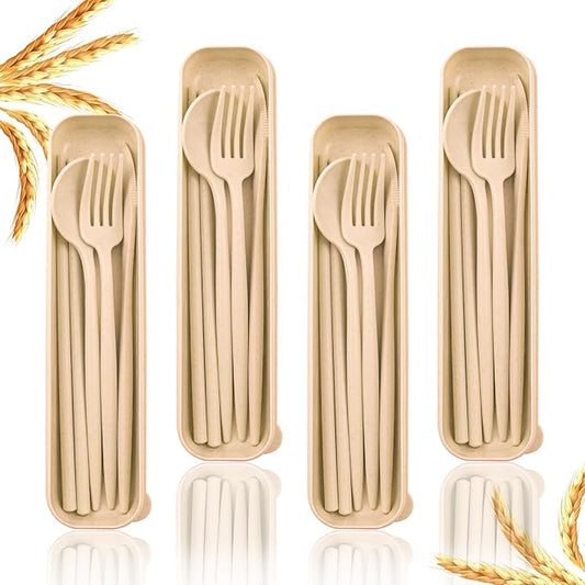 4 Sets Reusable Utensils Set with Case,Camping Cutlery Set Travel Silverware Set with Case Lunch Utensils Set for Work,Utensil Sets for Lunch Picnic Daily Use Outdoor (Beige)