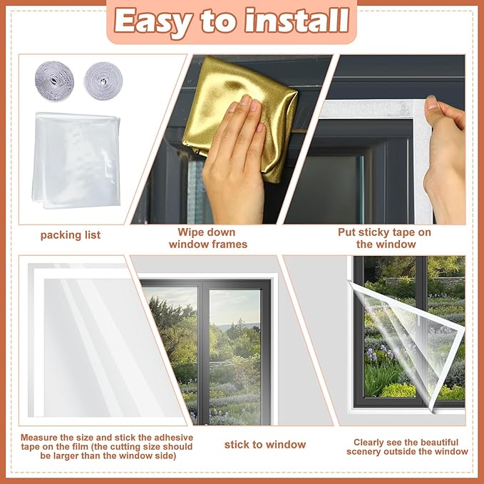 75 x 79 Inch Window Insulation Kit Cuttable Transparent Film with Adhesive Straps Reusable Window Plastic for Winterizing Thicken Thermal Waterproof Attic Insulation Cover Warm Winter