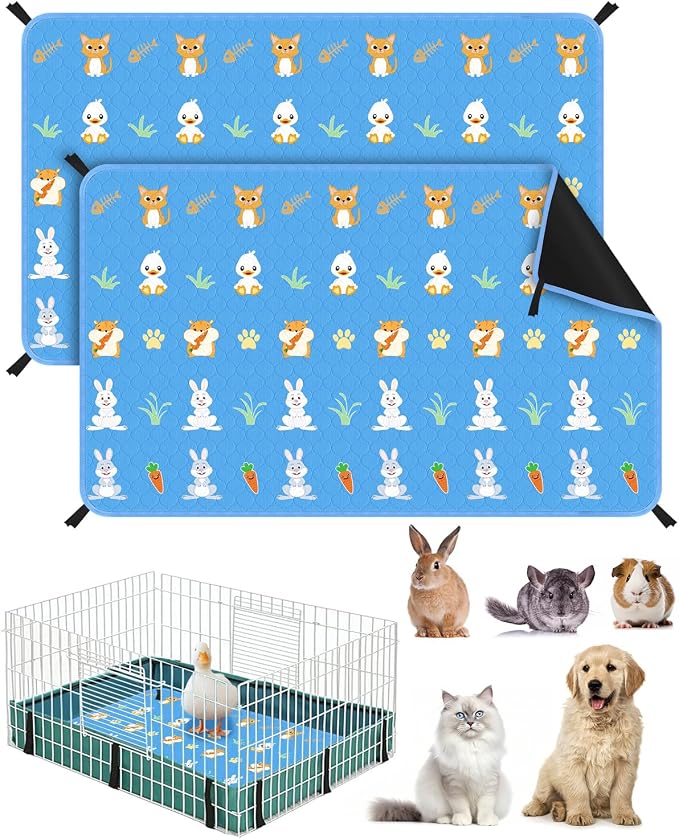 Bissap 2‑Pack Guinea Pig Cage Liners, 24''X36'' Pet Pee Pad Bedding, Blue | Non‑slip Waterproof TPU Layer, Super Absorbent, Washable Reusable Bedding for Guinea pig, Rabbit, Hamster, Chinchilla, Rat
