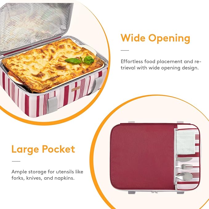 LUNCIA Insulated Single Decker Casserole Carrier, Lasagna Lugger Tote Keeps Food Hot or Cold, Thermal Lunch Bag for Potluck Parties, Picnic and Cookouts, Fits 9" x 13" Baking Dish, Red