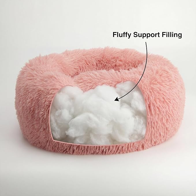 Calming Donut Small Dog Bed for Chihuahua Yorkie Maltese Shih Tzu | 19 Inch Washable Puppy Bed,Ultra Soft Faux Fur Round Dog Bed,Pink