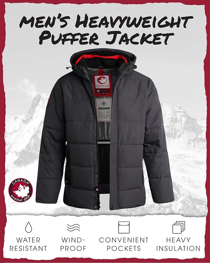 CANADA WEATHER GEAR Mens Winter Puffer Jacket - Heavyweight Insulated Ski Jacket Hooded Mens Coats Weather Resistant Coat