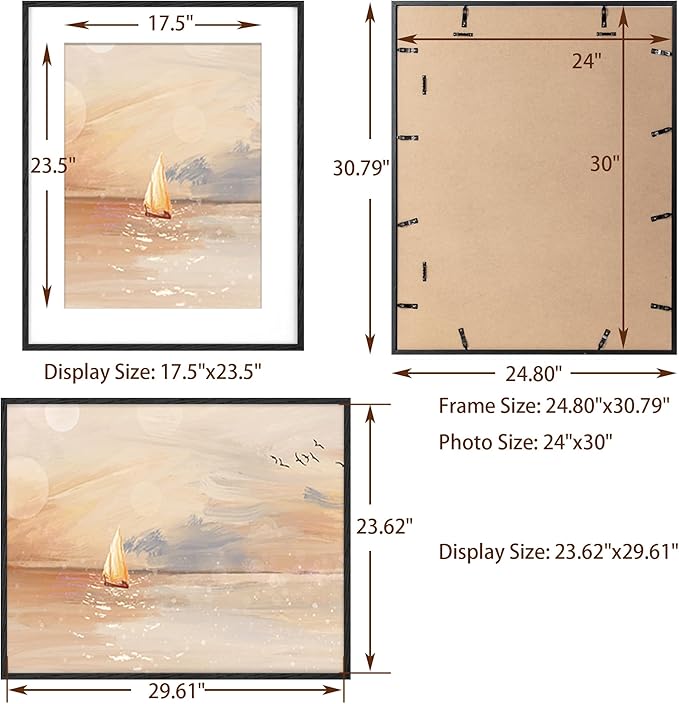 Black Picture Frame 24x30, Oak Wood Poster Frames 24 by 30, 24 x 30 Picture Frames with Tempered Glass, 18x24 Frame Matted to 24x30, Large Wooden Photo Frame 24x30, 1 Pack