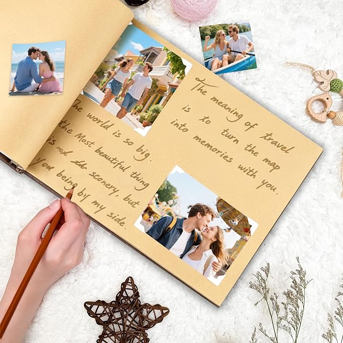 Personalized Wooden Photo Albums,Retro Style Travel Scrapbook with Writing Space,Family Photo Albums Couples Memory Book,DIY Adventure Book for Wedding Family Travel Birthday Baby Shower